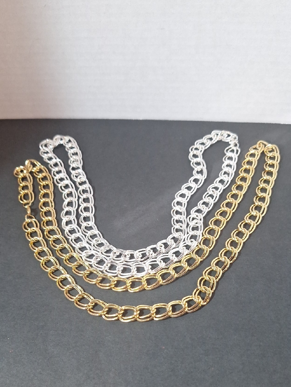 Pair Of Gold Tone  and Silver Tone Double Curb Charm Chain Necklaces Women